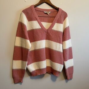 Sears Vintage 1970s Knit Striped Oversized V Neck Sweater Shirt Top Pink